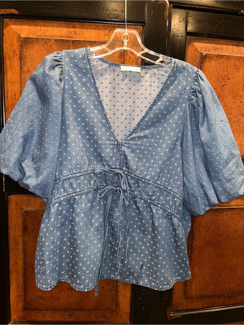 easel Denim Blue Polka Dot Puff Sleeve Tie-Front Blouse
